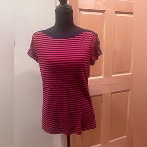 Chaps Navy/Red Nautical Stripe w/Lace-up Short Sleeves Top L Boatneck Cotton L